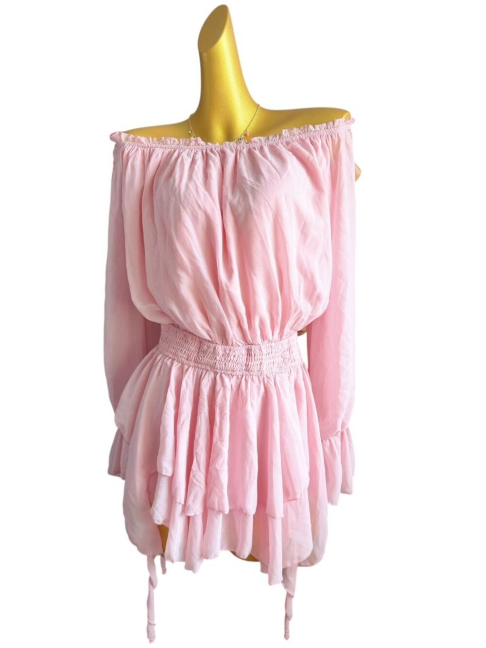 Pink Off Shoulder Chiffon Ruffle Romper Layered Mini Dress M